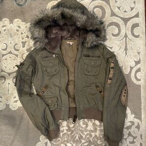 Olive Bomber Jacket with Fur Hood size S
